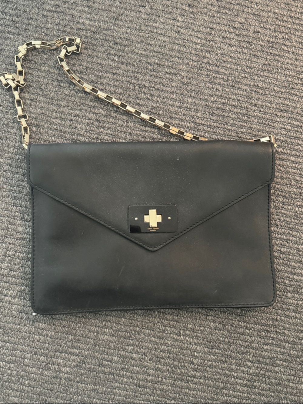 KATE SPADE Black Leather Envelope Crossbody Bag with Gold Chain